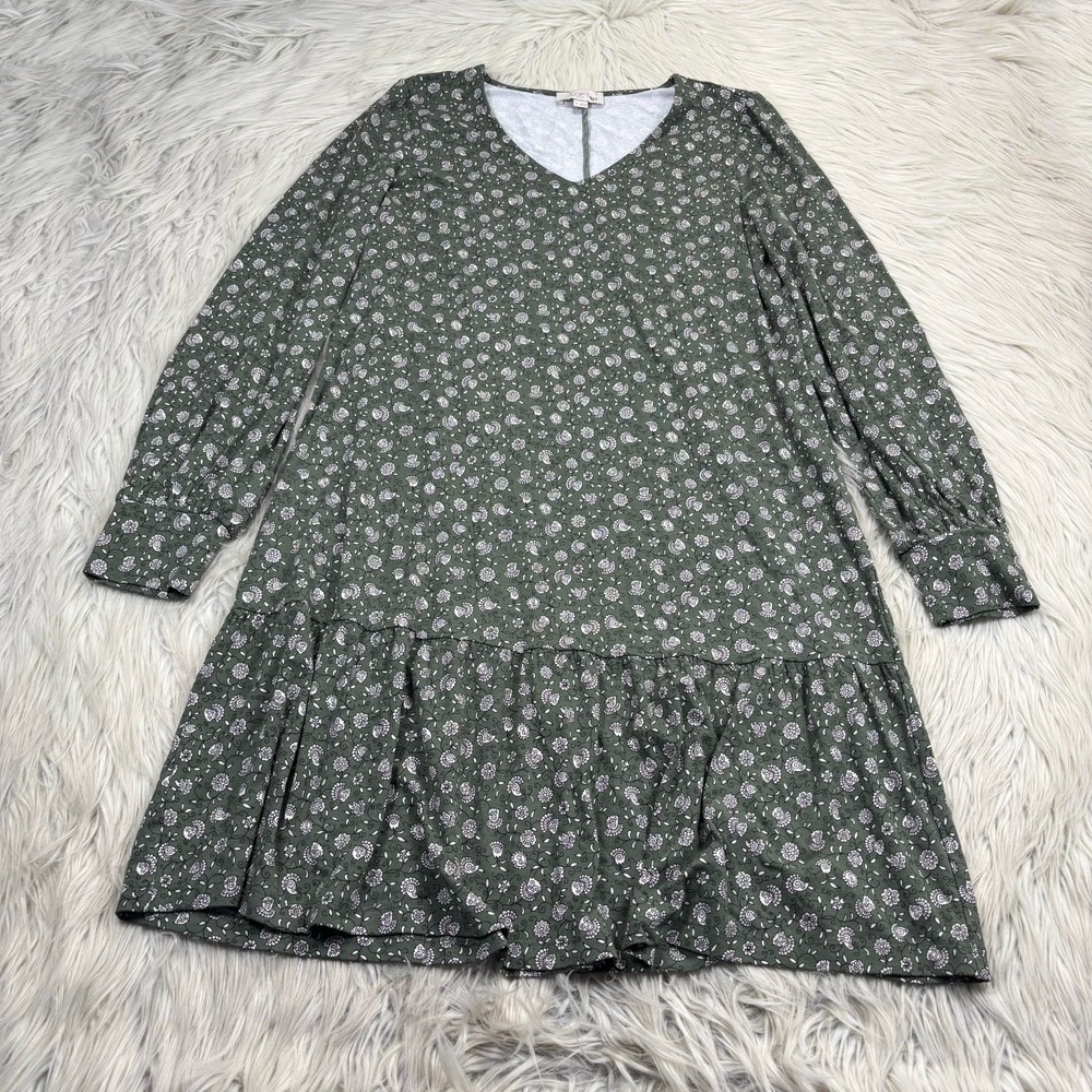 LOFT Women's S Green Floral Shift Dress Flounce Hem Boho Feminine